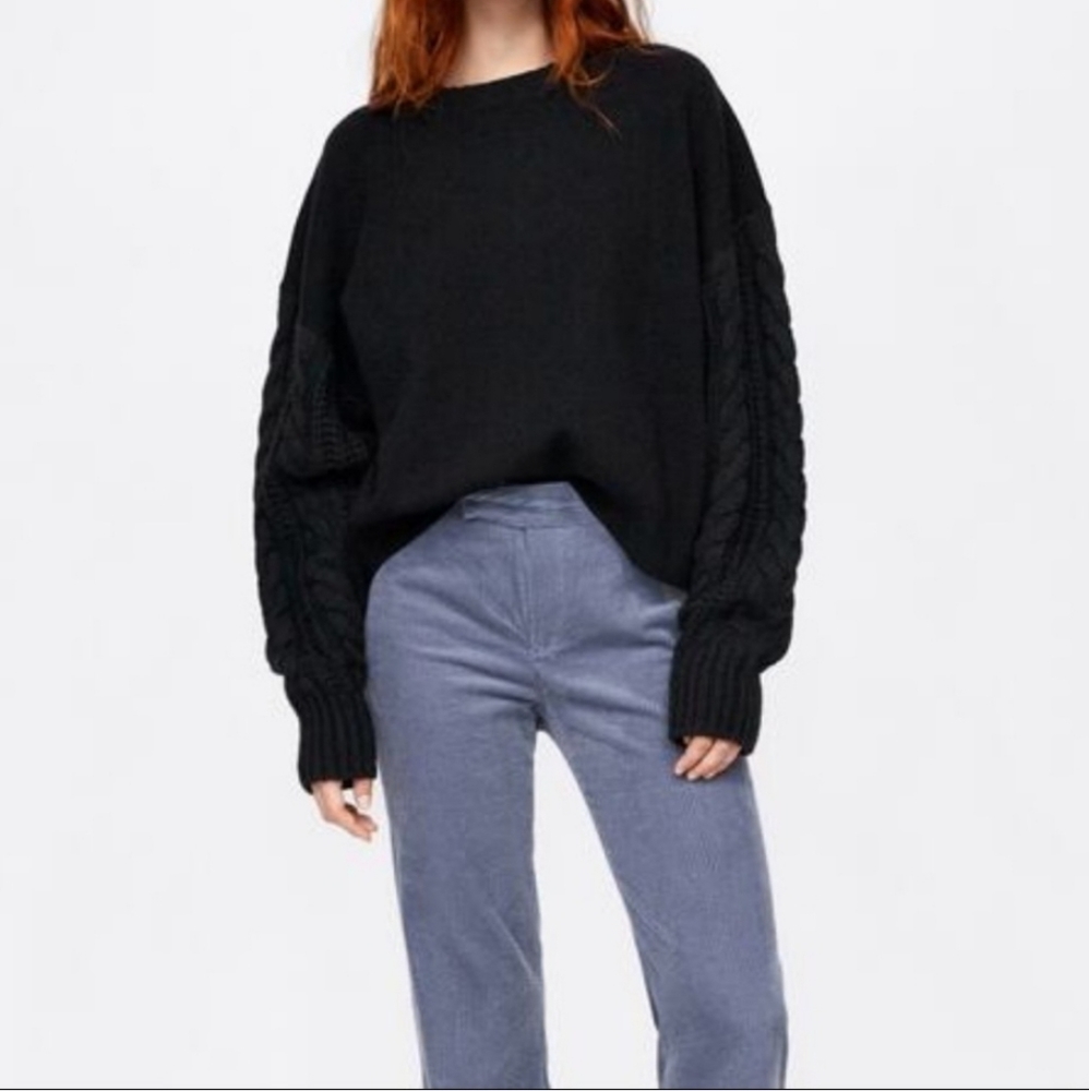 ZARA KNIT black heavyweight wool blend pullover sweater with cable knit sleeves